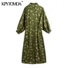 KPYTOMOA KVINNOR 2021 CHIC Fashion Animal Print Midi Shirt Dress Vintage Lantern Sleeve Button Up Female Dresses Vestidos Mujer 210319