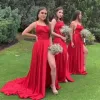 Red Bridesmaid Dresses Plus Size Halter Neck High Split A Line Custom Made Floor Length Maid Of Honor Gown For Country Beach Wedding Party Vestidos