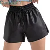 2022 New Womens Leather Shorts Casual Solto Cordão Pu Calças elásticas com bolso para quatro estações