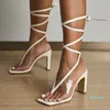 Summer Women 9.5cm High Heels Strappy Block Heels Sandals Transparent Sandles Lady Stripper Sexy Up Toe Chunky Shoes