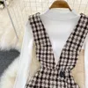 Office Lady New Women Two Piece Dress Suits Solid Color Half High Neck Knit Pullovers + Woolen Fashion Plais A-line Vest Dress 2Pcs 2022