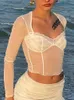 ALLNeon Fashion Y2K Lace Trim Mesh Crop Tops 90s Aesthetics Patchwork Square Neck Long Sleeve White Sexy Tees Summer Tshirts 220526