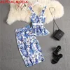 ALPHALMODA Sweet Tank Top Straight Skirt Women 2pcs Suit Ruffled Printed Blouses Outfit Knee Length Skirt Set 220725