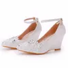Womens Wedding Shoes Bride Wedges High Heels Pearl Rhinestone White Lace Flower Female Pumps