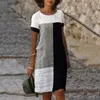 Lässige Kleider Sommer Trend Mode runden Nackenplaid drucken kontrastierende Farben Patchwork Kurzarm Basic Midi Kleider Ropa de Mujercasual