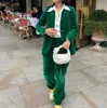 2022 frauen Zwei Stück Hosen Samt Grün Vintage Büro Dame Single Button Blazer Weibliche Hohe Taille Breite Bein Anzüge frauen Zwei-stück Set