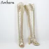 Sorbern Light Gold Botas Brilhantes Malha Cross Block Calcão Longo Verão Bota Chunky Coxa Alta Bota Feminina Cores Personalizadas