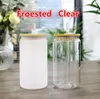 US STOCK 16 oz Sublimation Glass Beer Mugs with Bamboo Lid Straw Tumblers 16oz DIY Blanks Frosted Clear Can Cups Heat Transfer Iced Coffee Whiskey Glasses