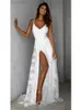Casual Dresses Slim Sleeveless Party Dress for Women 2022 Sommar V-ringning White Beach Lace Bohemian Sexig Spaghetti Strap Maxi Dressescasual