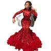Funkelnde rote Pailletten-Abendkleider, Federzug, Meerjungfrau-Abschlussballkleid mit langen Ärmeln, formelles Partykleid für Damen283F