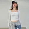 Women's T-Shirt Women Patchwork Square Collar T Shirt Casual Long Sleeve Elastic Slim Knitted Top Elegant Basic Solid All Match Pullover Aut