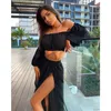 Women Mesh Sheer Bikini Cover ups Set See through Long Sleeve Crop Tops Cover Up Skirts Two Piece Swimwear Beach Dresses 220524