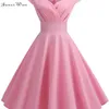 Pink Summer Dress Women V Neck Big Swing Vintage Robe Femme Elegant Retro Pin Up Party Office Midi Es 220613