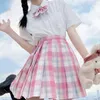 衣料品セットスクールガールピンクユニフォームプリーツスカート日本のハイウエストAライン格子縞のスカートセクシーなJKユニフォーム女性セーラースーツ