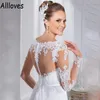 Weiße bescheidene Satin-Brasilien-Hochzeitskleider mit Illusion, langen Ärmeln, Spitze, appliziert, durchsichtiger Ausschnitt, Brautkleid, Knöpfe hinten, Sweep-Zug, A-Linie, Vestidos De Novia CL0609