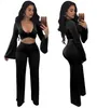 Women's Jumpsuits & Rompers Plus Size Enteritos Mujer 3XL Sexy Flare Full Sleeve Crop Tops With Wide Leg Pant Women Hollow Out 2 Piece Set J