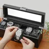 Watchboxen Koerskoolstofvezel PU Box Leather Black 12 Slots Lade Dubbele laag Opslag Organisator Handscherm Kast Giftwatch Hele22