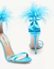 Bayanlar Orijinal Kadınlar 2022 Gerçek Deri Saten 10cm Topuklu Sandalet Summer Tüyü Tek Satır Tüy Düğün Gladyatör Ayakkabı Toka Moda Katı Dar Bant Boyutu 2003
