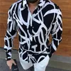 Punk Style Men's Silk Satin Black White stripe printing Shirts Male Slim Fit Long Sleeve Flower Casual Party Shirt Tops 220324