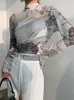 Yedinas Turtleneck Mesh Blouse Women Renaissance Print Long Sleeve See Through Top Ladies Sheer Designer Top Clothing 220516