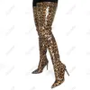 Olomm Mulheres Inverno Coxa Botas Stiletto Saltos Patente De Voltar Zipper Apoiado Toe Linda Leopardo Sapatos De Festa Senhoras Tamanho 5-15