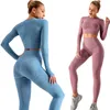 Vrouwen 2 stks naadloze yoga set sport pak gymwear workout kleding lange mouw gym crop top top high taille leggings fitness sport slijtage 220504