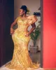 2022 Plus Size Arabic Aso Ebi Gold Luxurious Mermaid Prom Dresses Beaded Crystals Evening Formal Party Second Reception Birthday Engagement Gowns Dress ZJ185