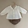 Kleidung Sets Sommer Koreanische Nette Baby Jungen Mädchen Kleidung Puppe Revers Hemd Langarm Laterne Shorts Anzug kinder Anzug