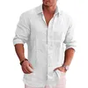 Camisas casuais masculinas de linho de algodão moda outono manga longa gola virada para baixo camisa masculina bonita