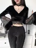 InsGoth Sexy femmes gothique haut court Flare à manches longues dentelle évider noir T-shirt rétro moulante femme col en V haut élégant 220408