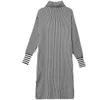 Winter Pregnant Woman Turtle Neck Long Sleeve Stripe Knitted Dress Side Split Maternity Straight Dress Fashion Lady Clothing J220628