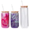 12OZ 16OZ 20OZ glasses cup Clear sublimation double wall glass tumbler glitter DIY snow globe blank glass can with bamboo lids beer juice 6084 Q2