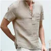 Maglietta a maniche corte in lino da uomo con scollo a V Moda estiva solida Casual in cotone e lino T-shirt Camicetta Tees Abbigliamento uomo 220615