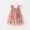 Kids Designer Clothes Girls Fairy Tulle Gauze Dresses Fly Sleeve Net Halter Dress Pompous Princess Dance Dress Summer Boutique Elegant Ball Gown B7