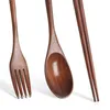 3pc set di stoviglie portatili bacchette cucchiai forchetta fatti a mano giapponese cucchiaio di legno naturale forchette bacchette set 376 D3