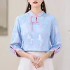 Etniska kläder avancerad sommar kinesisk stil silkblus skjorta kvinnor mode lösa lady jacquard topp s-xxlethnic