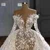 Luxury White Ball Gown Wedding Dresses Long Sleeves Sequins Beads V-Neck Illusion Bodice Bridal Gowns Chic Dubai Custom Made Vestidos De Novia
