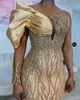 2022 Plus Size Arabisch ASO EBI Gold Luxurious Sparkly Prom Dresses Sheer Neck Avond Formele Partij Tweede Ontvangst Verjaardag Engagement Jurken Jurk ZJ630