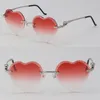 Nouveau modèle Coeur Face Face Face sans montée en métal Lunettes de soleil Femmes Femmes Cheetah Série Diamond Cut Lens Outdoors Driving Red Lenses LuneS Design Cadre amovible