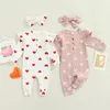 Baby babymeisjes tweedelige kleding set hartprint lange mouw crew nek romper en boog knoop hoofdtooi roze/ wit 220525