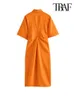 TRAF Women Chic Fashion Buttonup Draped Midi Shirt Dress Vintage Short Sleeve Side Zipper Female Dresses Vestidos 220705