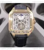 XL 100 A23J Automatische Mondphase Tourbillon Mens Watch Yellow Gold Weißes Inneres Skelett Zifferblattstab Nummer Marker Brauner Lederband Uhr