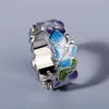 Anillos de clúster lujo 925 plateado esmaltado hecho a mano azul goteado aceite de mariposa anillo de flores exquisitas joyas para ladiescluster
