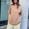 WOTWOY Casual Meia Manga Oversized T-Shirt Summer Cotton Loose Long Tee Shirt Feminino Básico Malha Tops Harajuku 220328