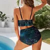 Costume da bagno da donna Costume da bagno sexy Celestial Sky Set stelle dorate Stampa bikini colorato Costume da bagno a vita alta Fitness Abbigliamento da spiaggia femminile