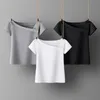 여성 Sweetshirts 짧은 소매 여자 의류 여자를위한 검은 흰색 티셔츠 스큐 칼라 여름 옷 디자인 여자 옷 220411