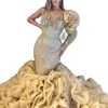 Abito da sposa a sirena con paillettes champagne Cascading Ruffles Perline lucide Abiti da sposa Robe De Mariee Abiti da sposa