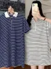 Jielur Korean Fashion Cotton Women Dress Short Sleeve Summer Loose Navy Blue White Striped Polo Dresses Long Top Female SXL 220615
