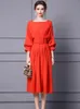 Runway Fashion Summer Midi Dress Women Elegant Lantern Sleeve Solid Casual Party Vestidos Hoge taille Aline gewaden met riem