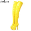 Sorbern Yellow Patent Crotch Thigh High Boots Women Block High Heels Custom Wide Calf Long Boot Platform Chunky Heel Shoes